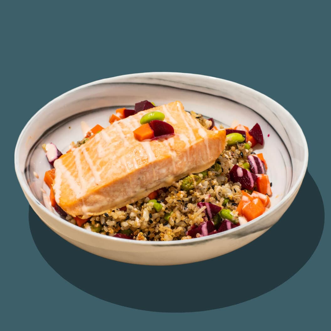 Beet Salmon Bowl + Edamame Grains